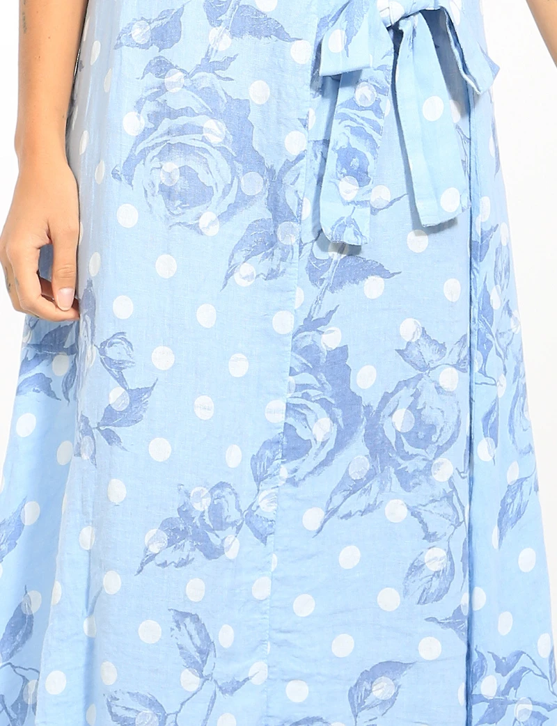 Robe Sans Manches en Lin Imprimée À Pois & Fleurs Col en V Et Nœud Par Froccella