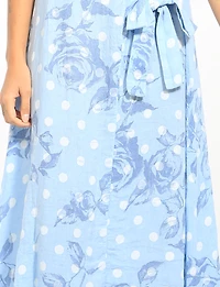 Robe Sans Manches en Lin Imprimée À Pois & Fleurs Col en V Et Nœud Par Froccella
