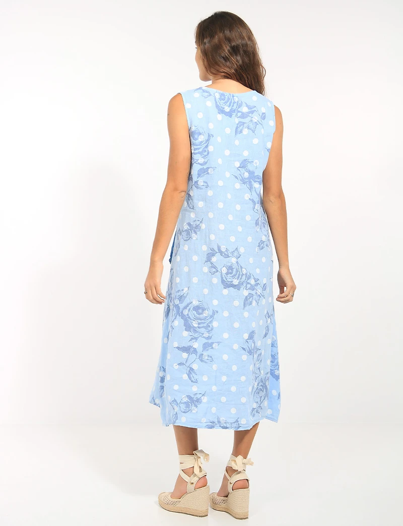 Robe Sans Manches en Lin Imprimée À Pois & Fleurs Col en V Et Nœud Par Froccella