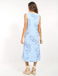Robe Sans Manches en Lin Imprimée À Pois & Fleurs Col en V Et Nœud Par Froccella