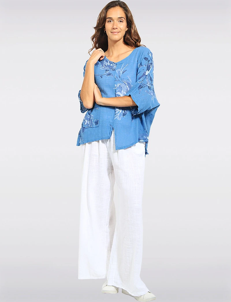 Haut en Lin Mélangé Floral Col Rond Ourlet Asymétrique Avec Fentes Par Froccella