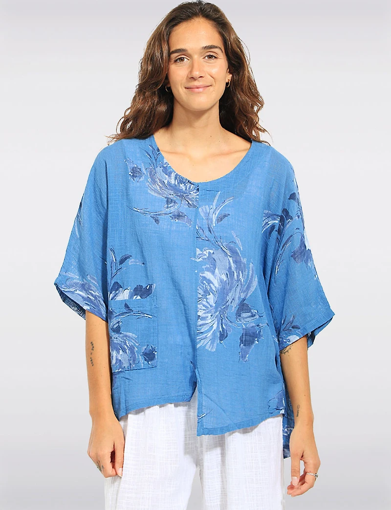 Haut en Lin Mélangé Floral Col Rond Ourlet Asymétrique Avec Fentes Par Froccella