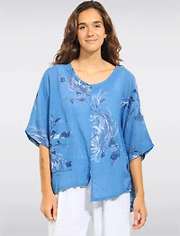 Haut en Lin Mélangé Floral Col Rond Ourlet Asymétrique Avec Fentes Par Froccella