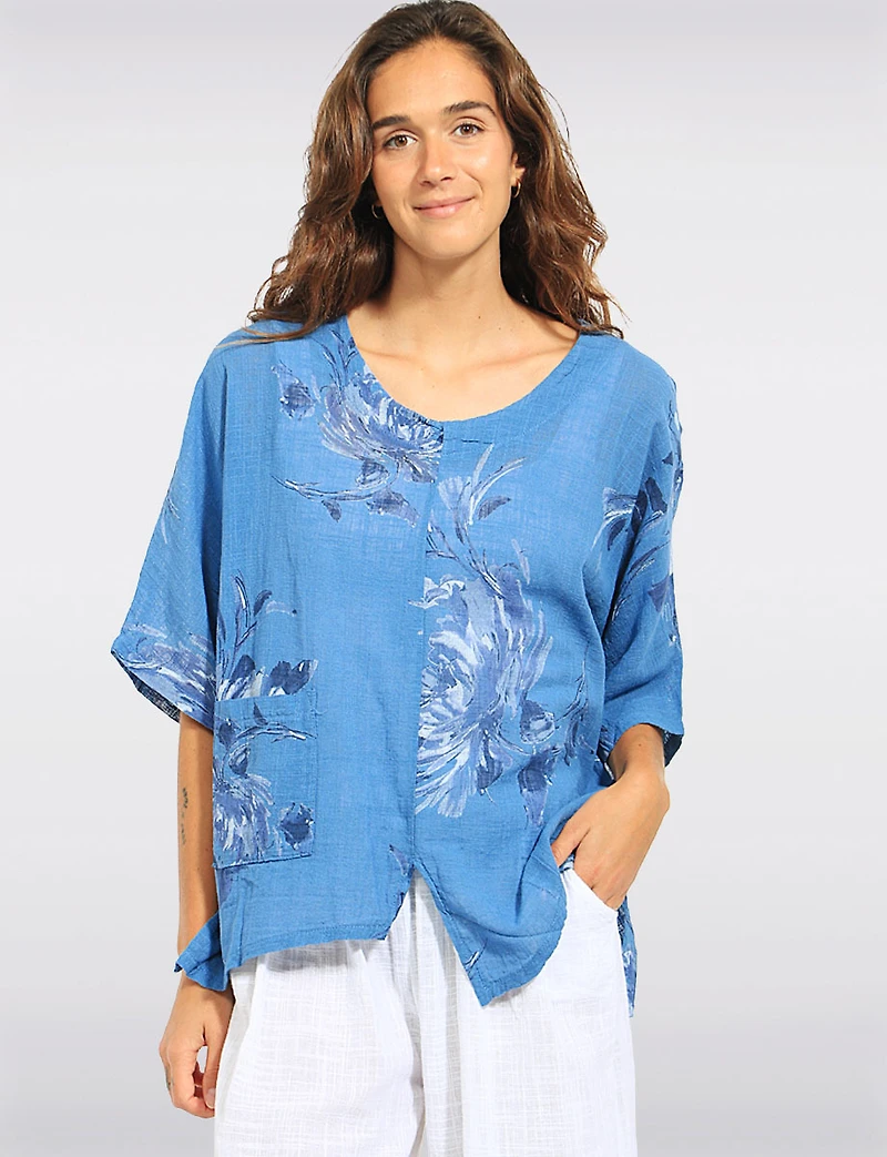 Haut en Lin Mélangé Floral Col Rond Ourlet Asymétrique Avec Fentes Par Froccella