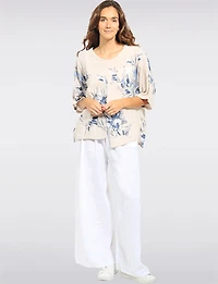Haut en Lin Mélangé Floral Col Rond Ourlet Asymétrique Avec Fentes Par Froccella