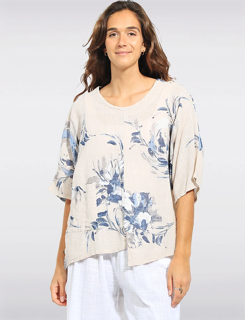 Haut en Lin Mélangé Floral Col Rond Ourlet Asymétrique Avec Fentes Par Froccella