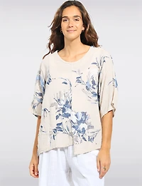 Haut en Lin Mélangé Floral Col Rond Ourlet Asymétrique Avec Fentes Par Froccella