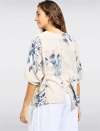 Haut en Lin Mélangé Floral Col Rond Ourlet Asymétrique Avec Fentes Par Froccella