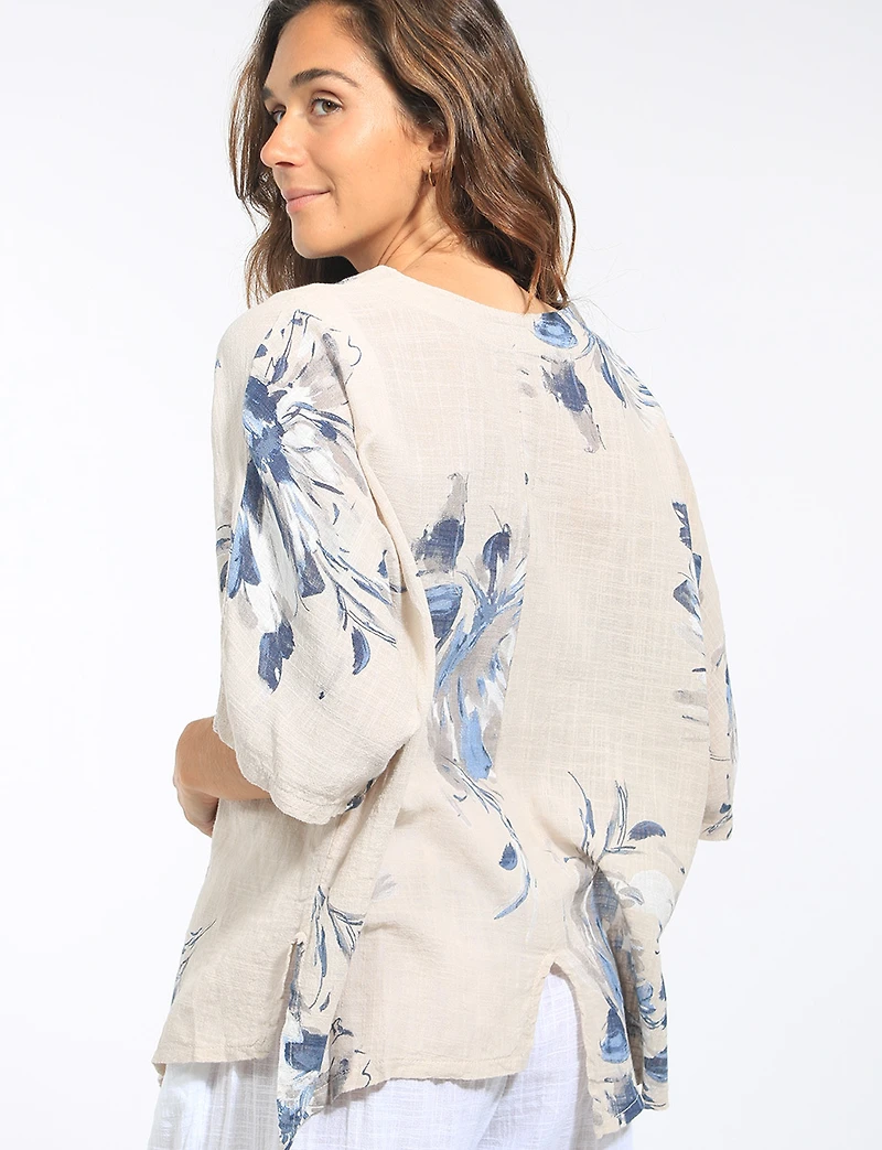 Haut en Lin Mélangé Floral Col Rond Ourlet Asymétrique Avec Fentes Par Froccella