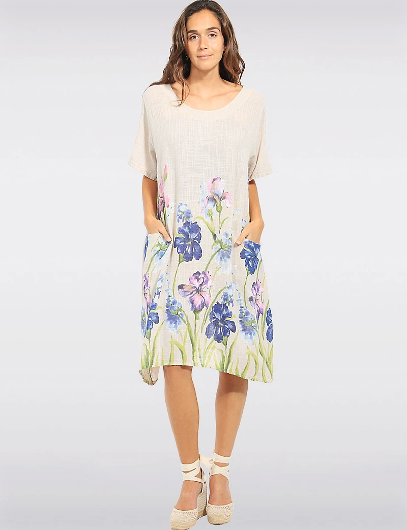 Robe Ample Manches Courtes en Lin Mélangé Imprimé Floral Col Rond Par Froccella