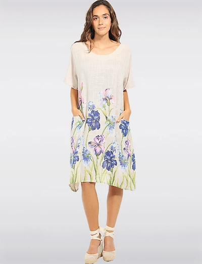 Robe Ample Manches Courtes en Lin Mélangé Imprimé Floral Col Rond Par Froccella