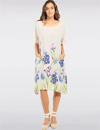 Robe Ample Manches Courtes en Lin Mélangé Imprimé Floral Col Rond Par Froccella