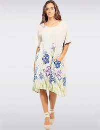 Robe Ample Manches Courtes en Lin Mélangé Imprimé Floral Col Rond Par Froccella