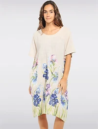 Robe Ample Manches Courtes en Lin Mélangé Imprimé Floral Col Rond Par Froccella