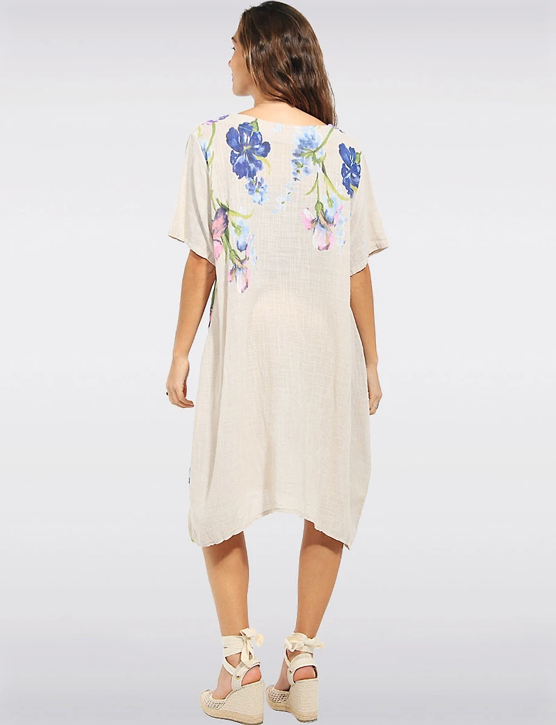 Robe Ample Manches Courtes en Lin Mélangé Imprimé Floral Col Rond Par Froccella