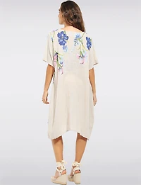 Robe Ample Manches Courtes en Lin Mélangé Imprimé Floral Col Rond Par Froccella