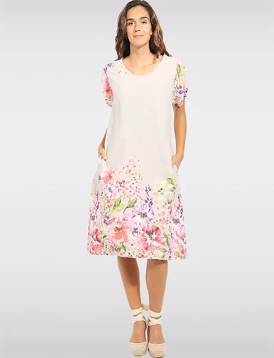Robe Florale Mi-longue Ample À Manches Courtes en Lin Mélangé Par Froccella