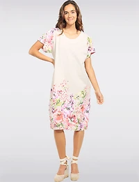 Robe Florale Mi-longue Ample À Manches Courtes en Lin Mélangé Par Froccella