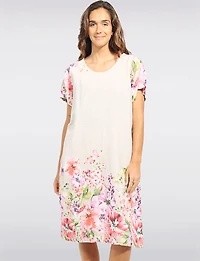 Robe Florale Mi-longue Ample À Manches Courtes en Lin Mélangé Par Froccella