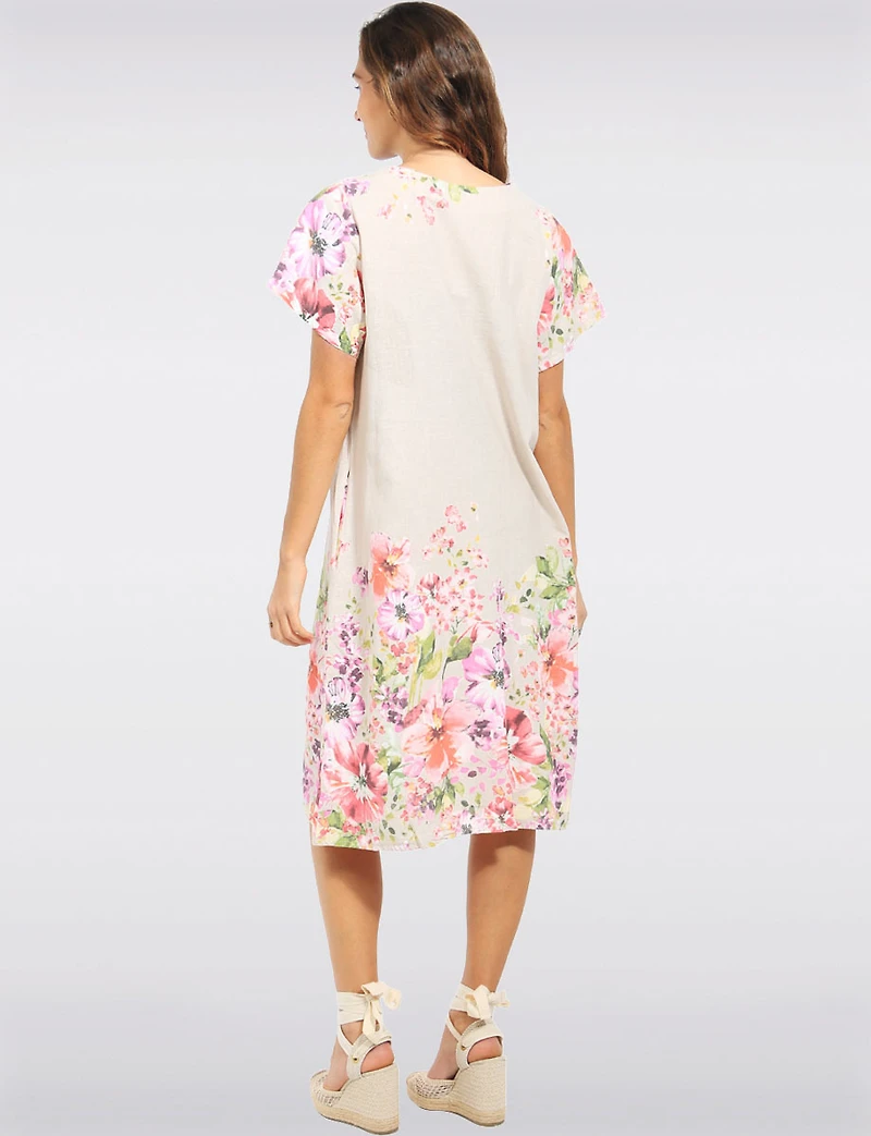 Robe Florale Mi-longue Ample À Manches Courtes en Lin Mélangé Par Froccella