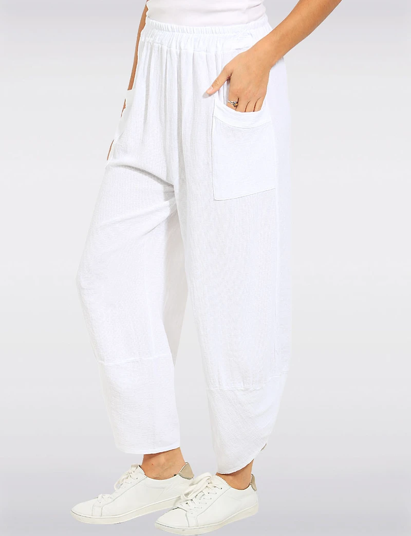 Pantalon Ballon Lin-Coton Ourlet Asymétrique avec Poches Plaquées par Froccella