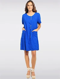 Robe À Manches Courtes en Lin Brodé Coupe Droite Avec Boutons Par Froccella