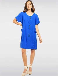 Robe À Manches Courtes en Lin Brodé Coupe Droite Avec Boutons Par Froccella
