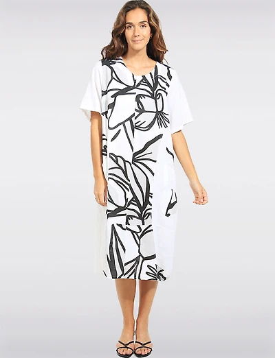 Robe Ample À Manches Courtes Mi-longue Lin Mélangé Imprimé Floral Par Froccella