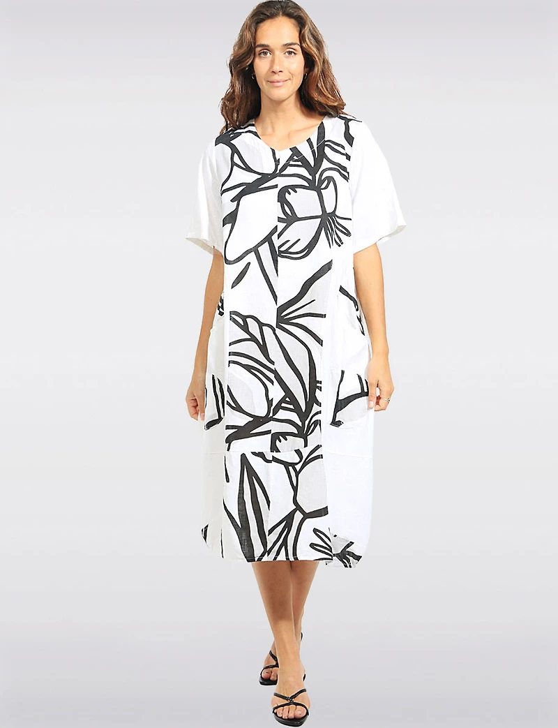 Robe Ample À Manches Courtes Mi-longue Lin Mélangé Imprimé Floral Par Froccella