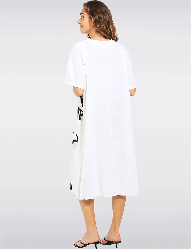 Robe Ample À Manches Courtes Mi-longue Lin Mélangé Imprimé Floral Par Froccella