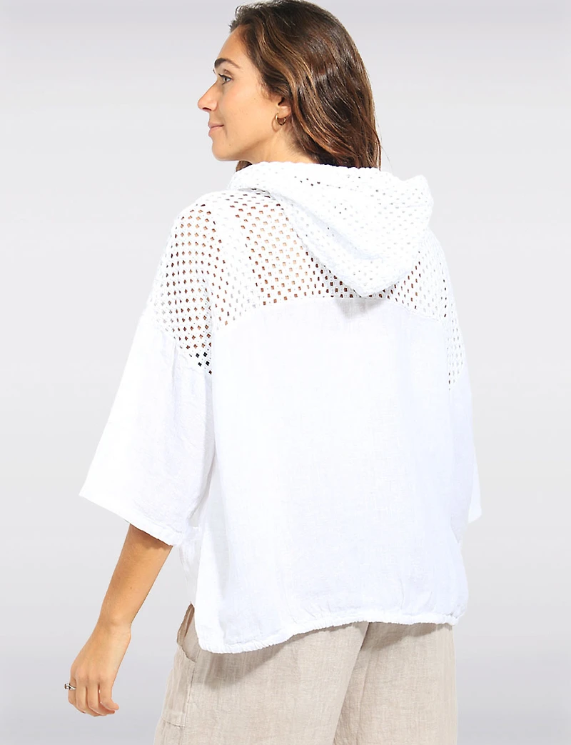 Cardigan Court en Lin À Capuche AU Crochet Zippé Cordon L'ourlet Par Froccella