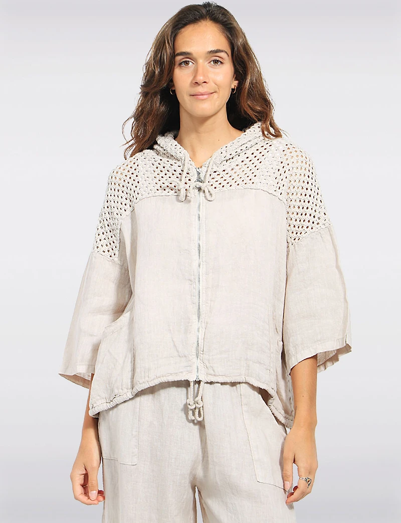 Cardigan Court en Lin À Capuche AU Crochet Zippé Cordon L'ourlet Par Froccella
