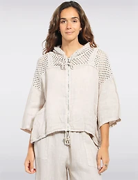Cardigan Court en Lin À Capuche AU Crochet Zippé Cordon L'ourlet Par Froccella