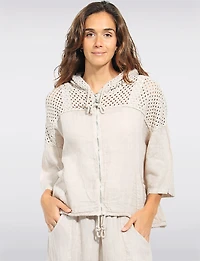 Cardigan Court en Lin À Capuche AU Crochet Zippé Cordon L'ourlet Par Froccella