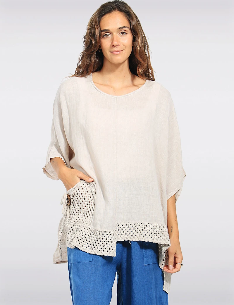 Haut Ample Décontracté en Lin Avec Ourlet Asymétrique Au Crochet Par Froccella