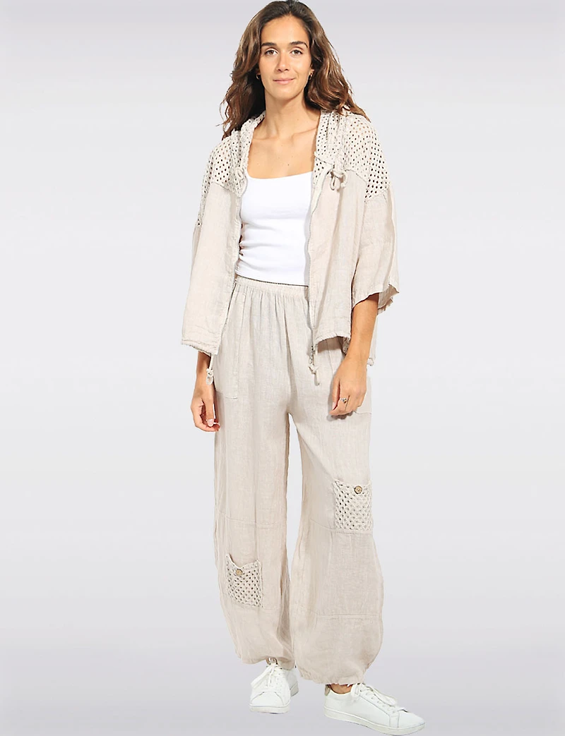 Pantalon Ample en Lin À Taille Élastique Avec Poches AU Crochet Par Froccella