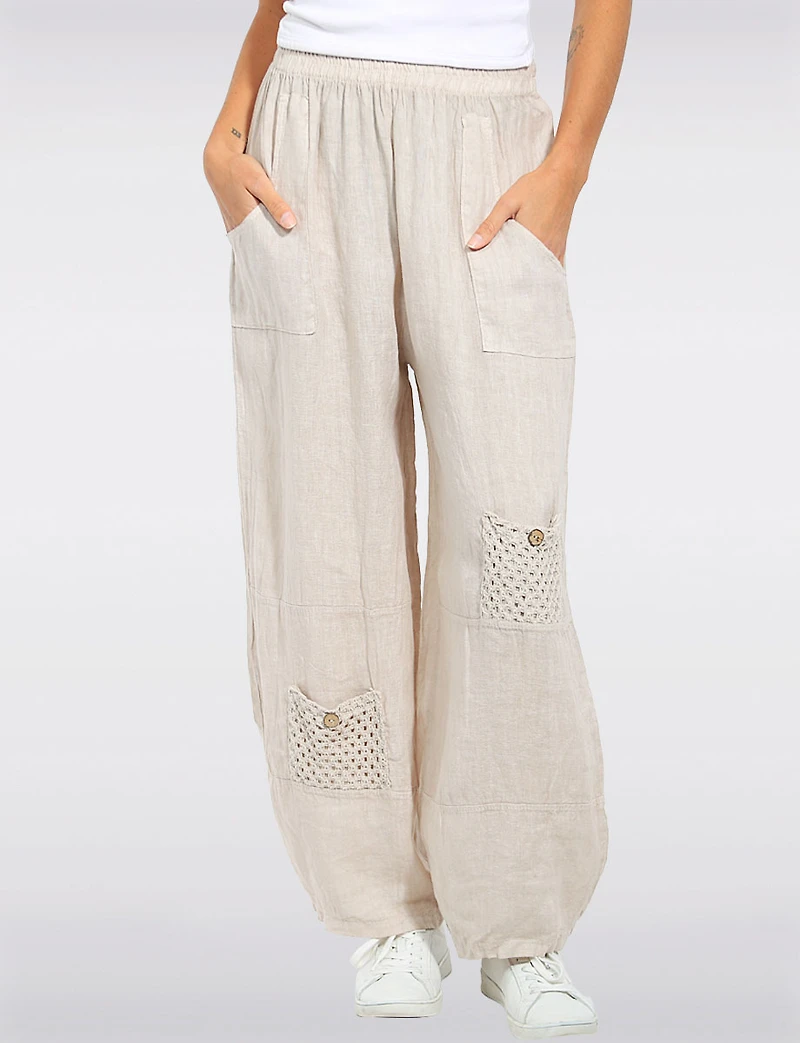 Pantalon Ample en Lin À Taille Élastique Avec Poches AU Crochet Par Froccella