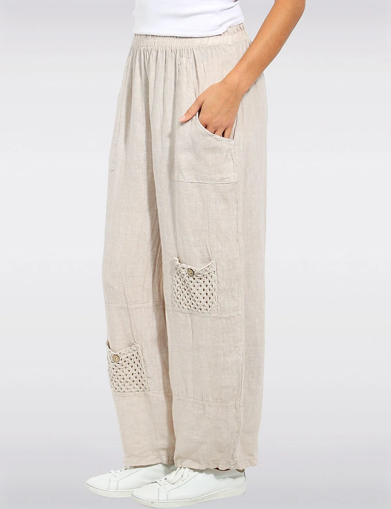 Pantalon Ample en Lin À Taille Élastique Avec Poches AU Crochet Par Froccella