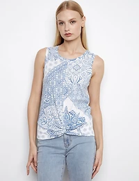 Haut Sans Manches en Coton à Imprimé Floral Bleu et Ourlet Torsadé par Charlie B