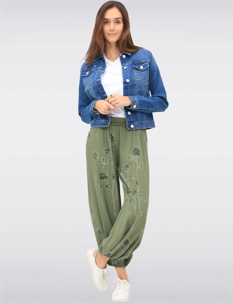 Pantalon Ballon à Taille Froncée Ourlet Élastiqué et Motif Floral par Froccella