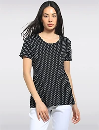 Haut Noir-Blanc Imprimé Micro Pois avec Col Rond et Manches Courtes Perle