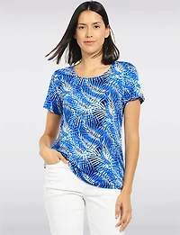 Haut Tricot Imprimé Tropicales en Bleu Avec Col Rond et Manches Courtes Perle
