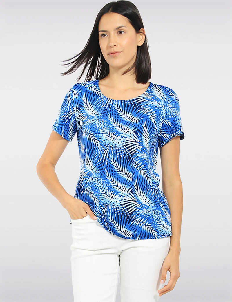 Haut Tricot Imprimé Tropicales en Bleu Avec Col Rond et Manches Courtes Perle