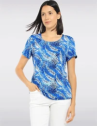 Haut Tricot Imprimé Tropicales en Bleu Avec Col Rond et Manches Courtes Perle