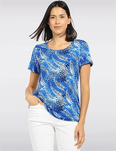 Haut Tricot Imprimé Tropicales en Bleu Avec Col Rond et Manches Courtes Perle