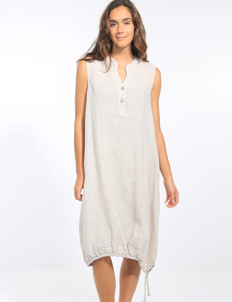 Robe Mi-longue Ample Sans Manches en Lin Avec Col Fendue & Boutons par Froccella