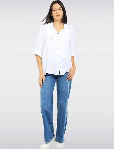 Chemise À Manches 3/4 Avec Détails De Broderie & Poche Poitrine Par Froccella