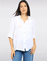 Chemise À Manches 3/4 Avec Détails De Broderie & Poche Poitrine Par Froccella