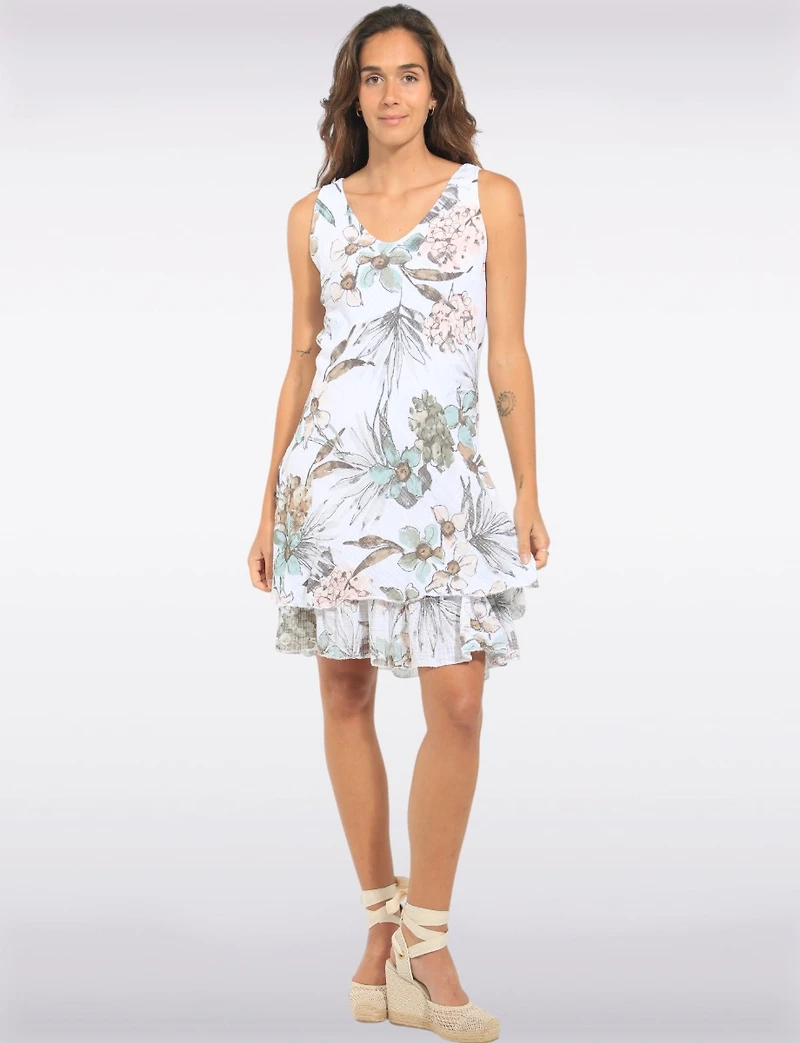 Robe fleurie aquarelle sans manches col en V à double volant par Froccella