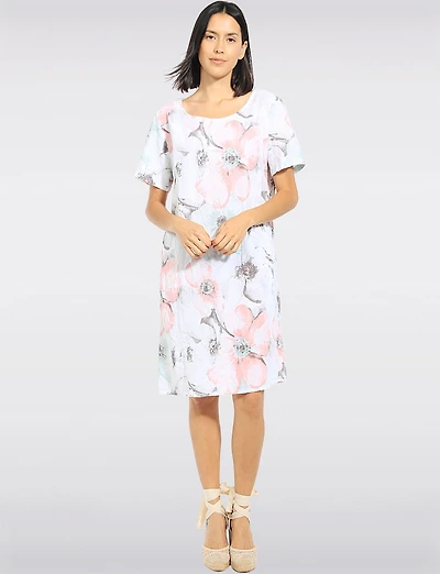 Robe en Cotton Florale à Manches Courtes Poches & Bord Tricoté par Froccella